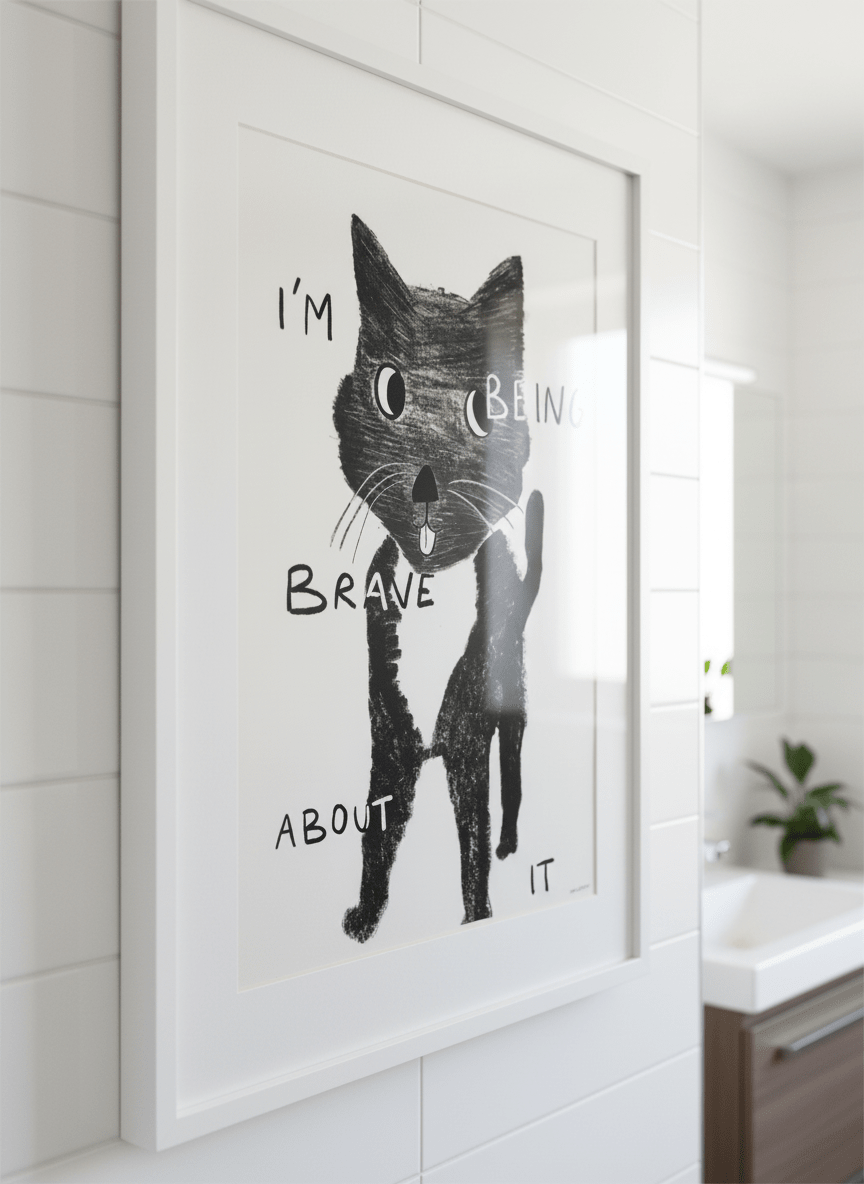 Modern print displayed in a clean minimalist bathroom setting