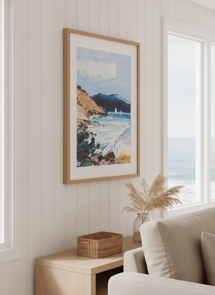 Neutral wall art displayed in a sunny coastal beach house