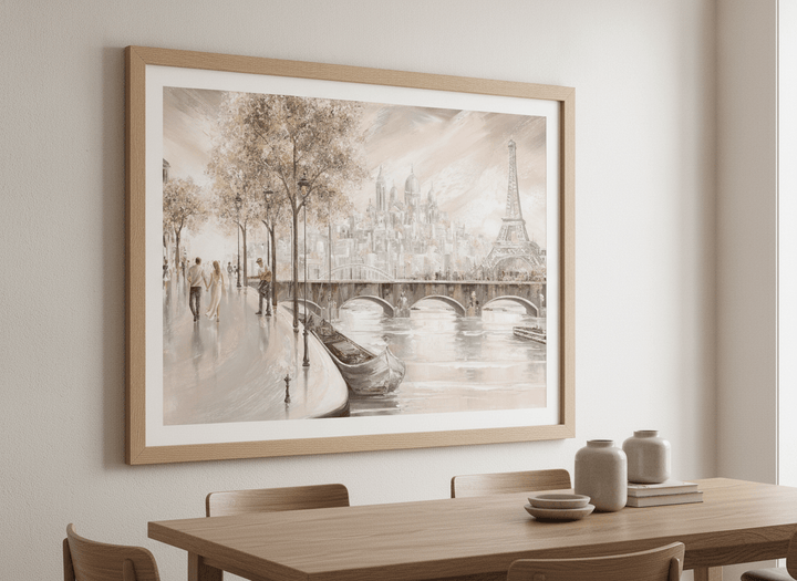 Wall art styled above a dining table in a contemporary home