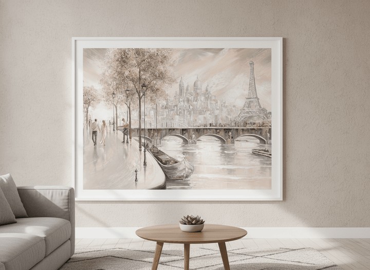 Modern wall art styled above a sofa in a neutral living room