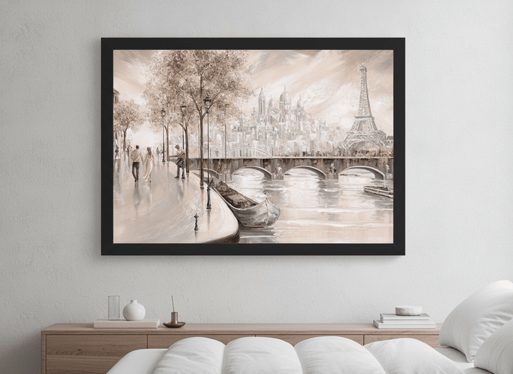 Minimalist artwork displayed in a calm, light-filled bedroom interior