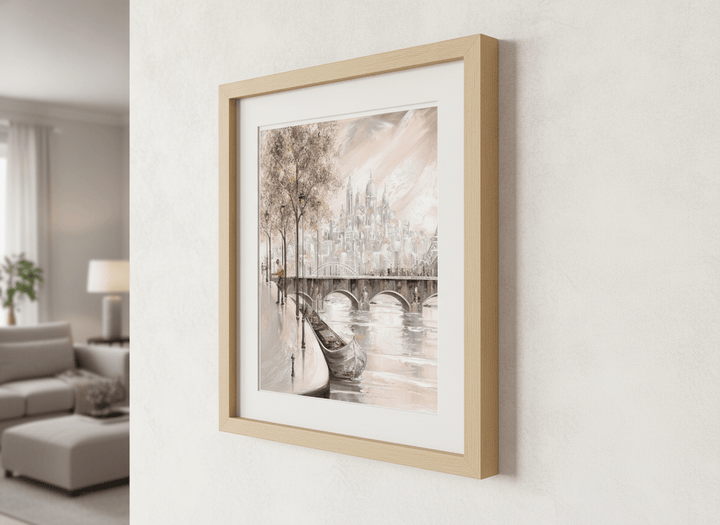 Modern wall art styled above a sofa in a neutral living room