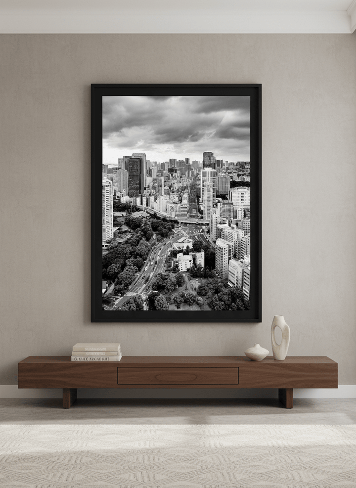 Monumental artwork centred on a feature wall in a luxe interior