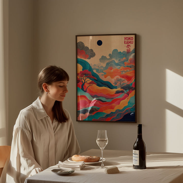 Woman sitting at a table with a colorful abstract painting on the wall.