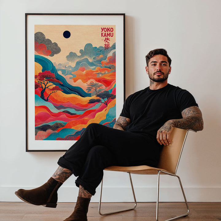 Man sitting on a chair in front of a colorful abstract painting with 'Yoko Kuru' text.