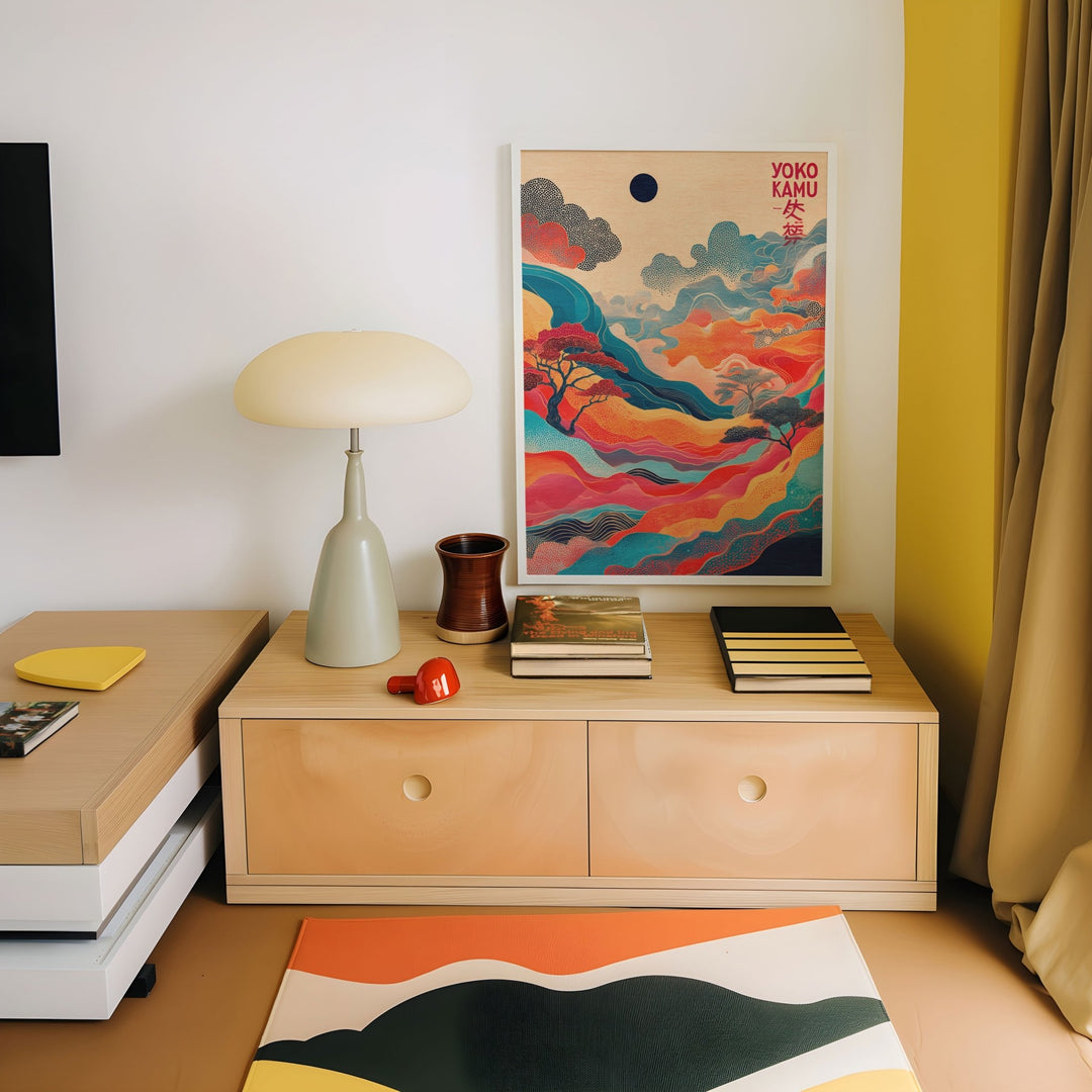 Wooden side table with decorative items and a colorful abstract painting on a wall.