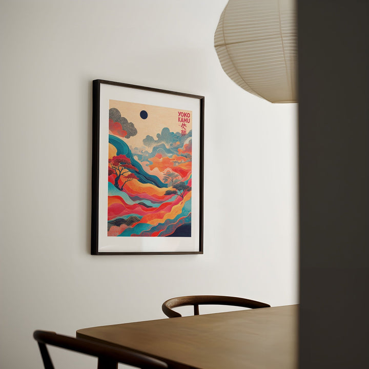 Colorful abstract artwork on a wall above a wooden table in a room.