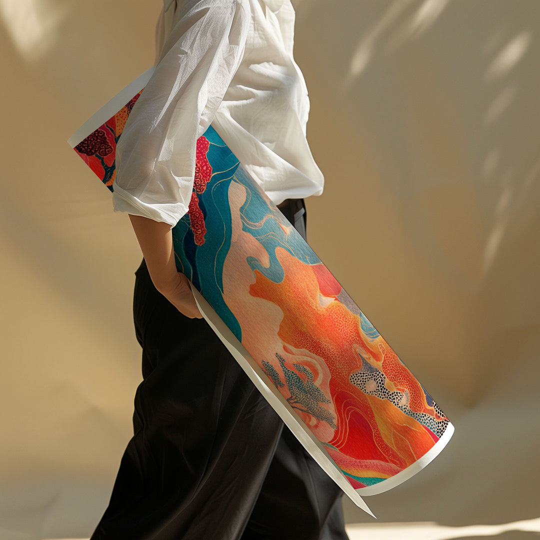 Person holding a colorful fabric with abstract designs against a neutral background