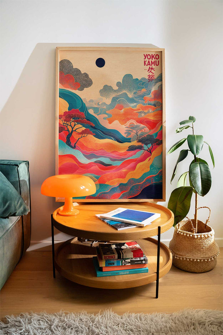 Colorful abstract painting on a wall above a round wooden table with books and a lamp.
