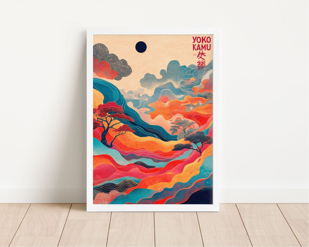 Colorful abstract landscape poster with 'Yoko Kanno' text on a white wall.
