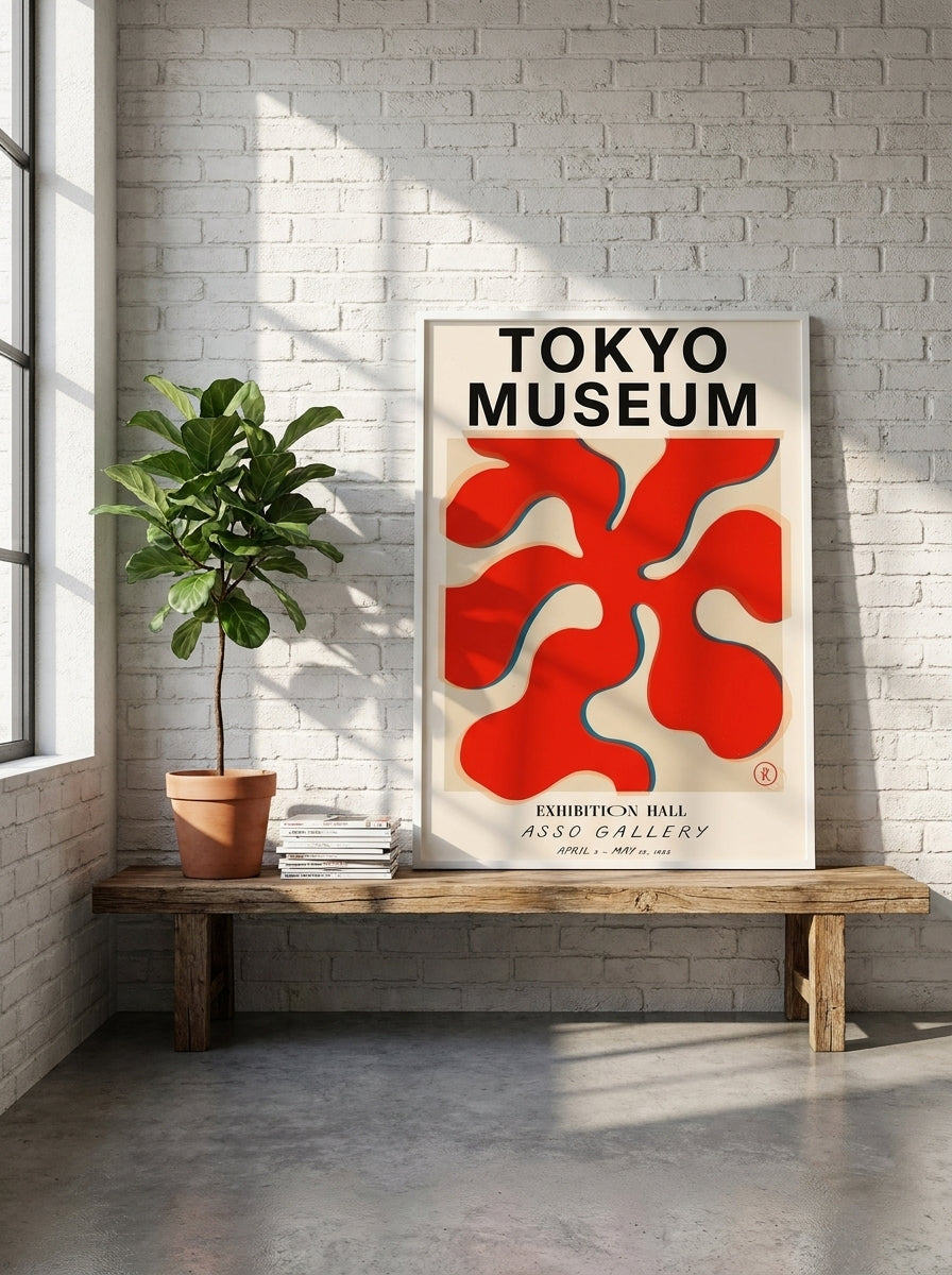 Modern wall art print standing on a bench in an industrial loft dining room