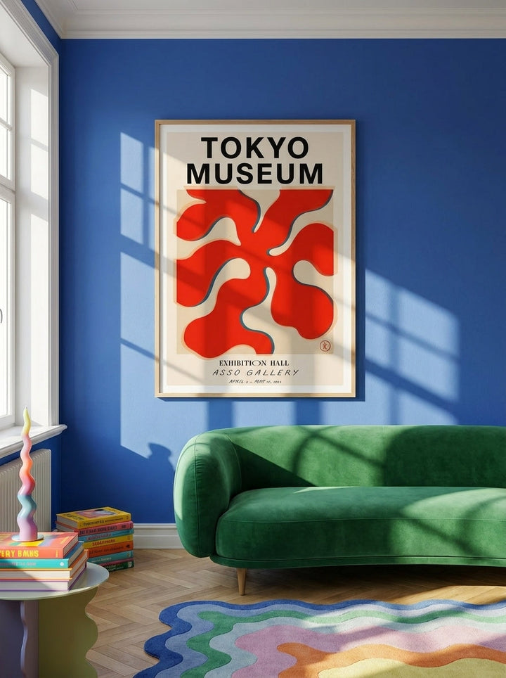 Modern wall art print styled on the wall in a colourful eclectic living room