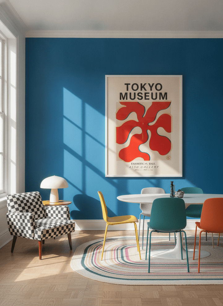 Oversized statement modern wall art print styled on the wall in a colourful eclectic dining room
