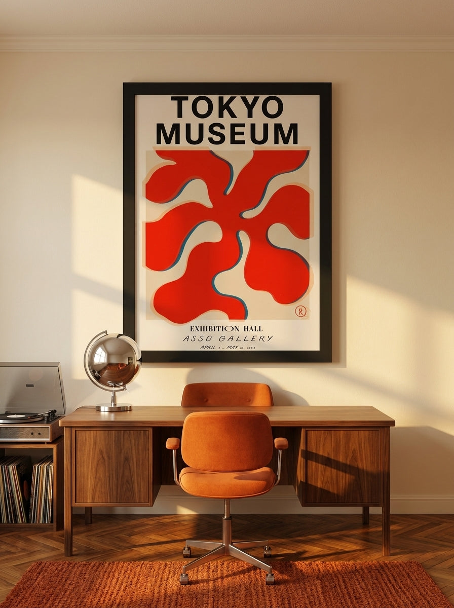 Modern wall art print styled on the wall in a retro 70s home office