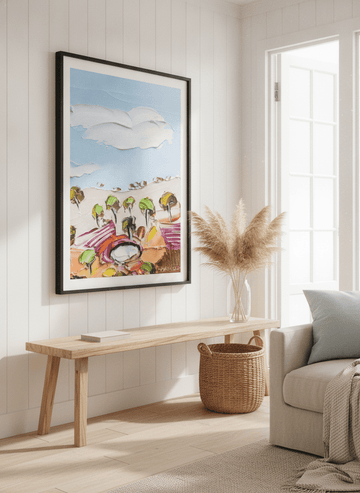 Neutral wall art displayed in a sunny coastal beach house
