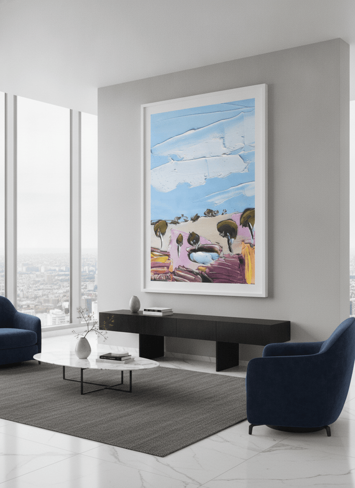 Monumental artwork centred on a feature wall in a luxe interior
