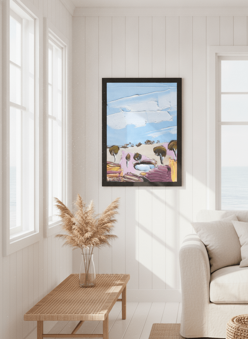 Neutral wall art displayed in a sunny coastal beach house