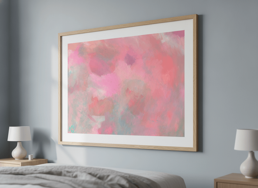 Minimalist artwork displayed in a calm, light-filled bedroom interior