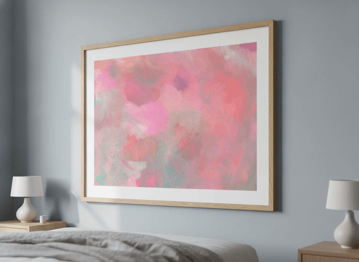 Minimalist artwork displayed in a calm, light-filled bedroom interior