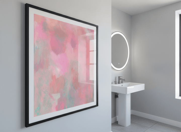 Modern print displayed in a clean minimalist bathroom setting