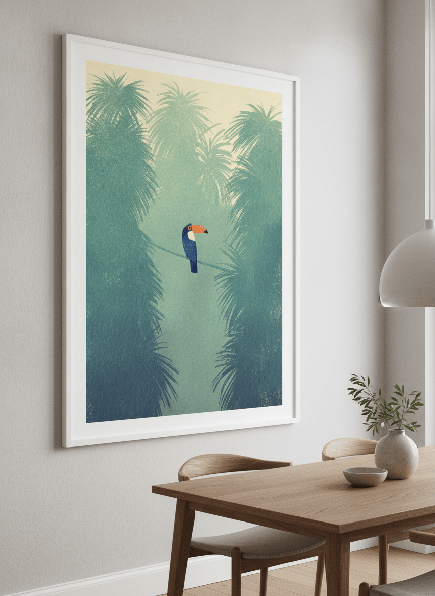Wall art styled above a dining table in a contemporary home