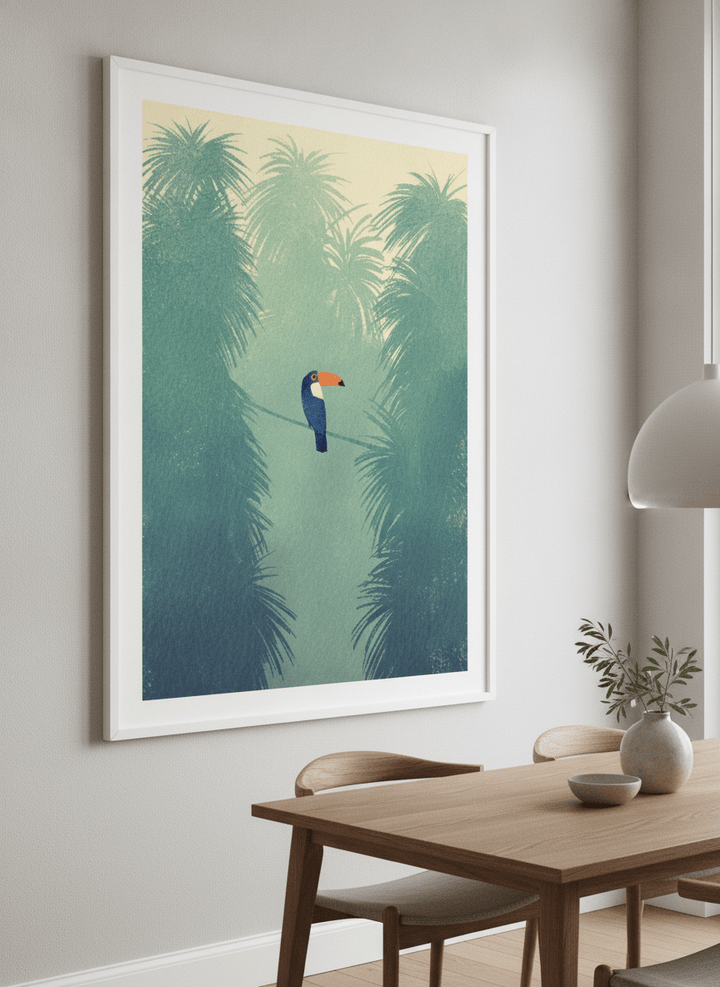 Wall art styled above a dining table in a contemporary home