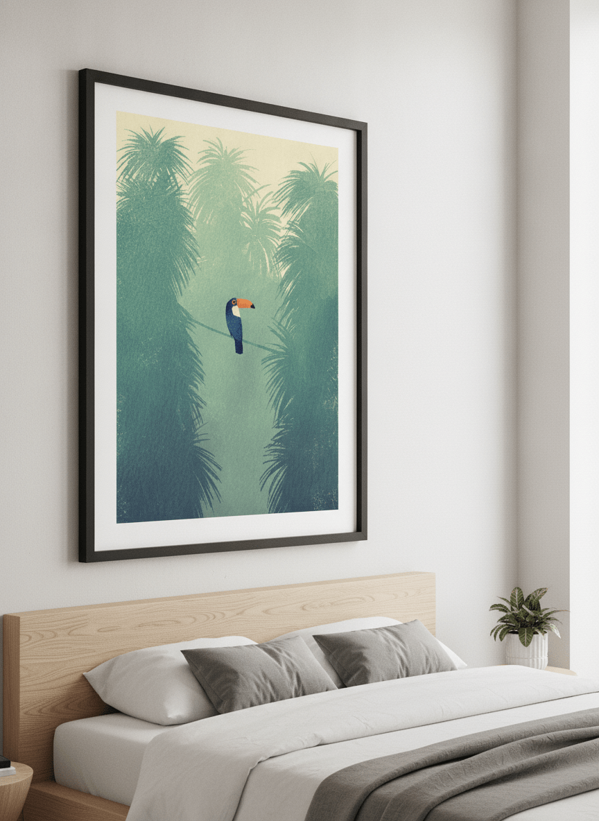 Minimalist artwork displayed in a calm, light-filled bedroom interior