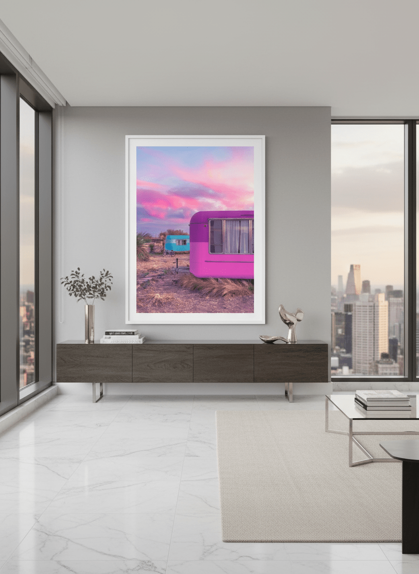 Monumental artwork centred on a feature wall in a luxe interior