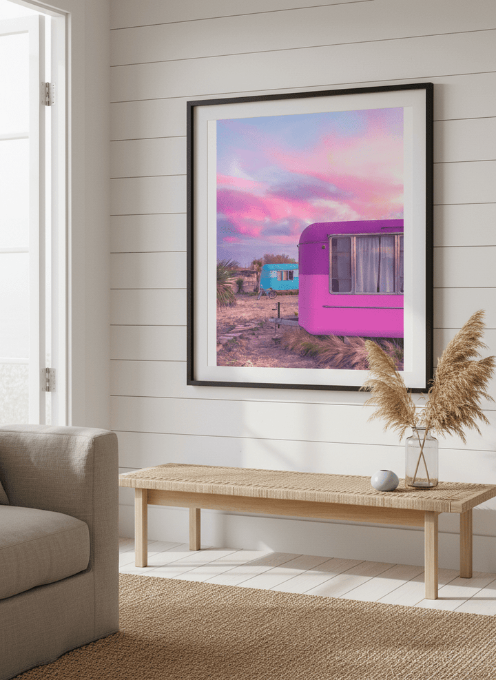 Neutral wall art displayed in a sunny coastal beach house