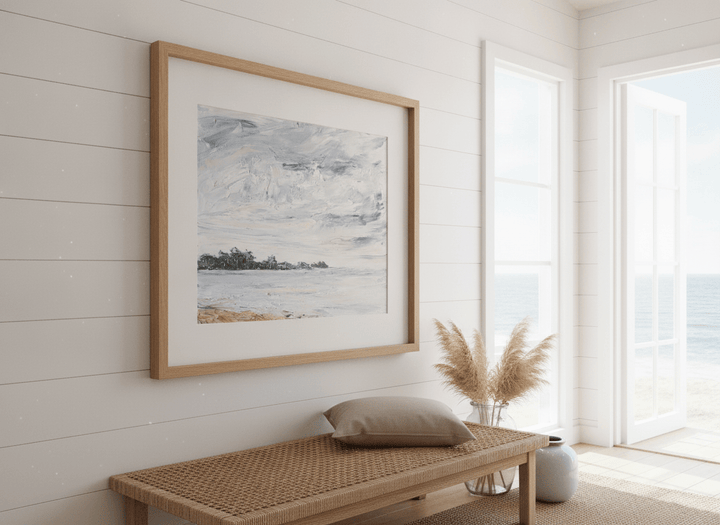 Neutral wall art displayed in a sunny coastal beach house