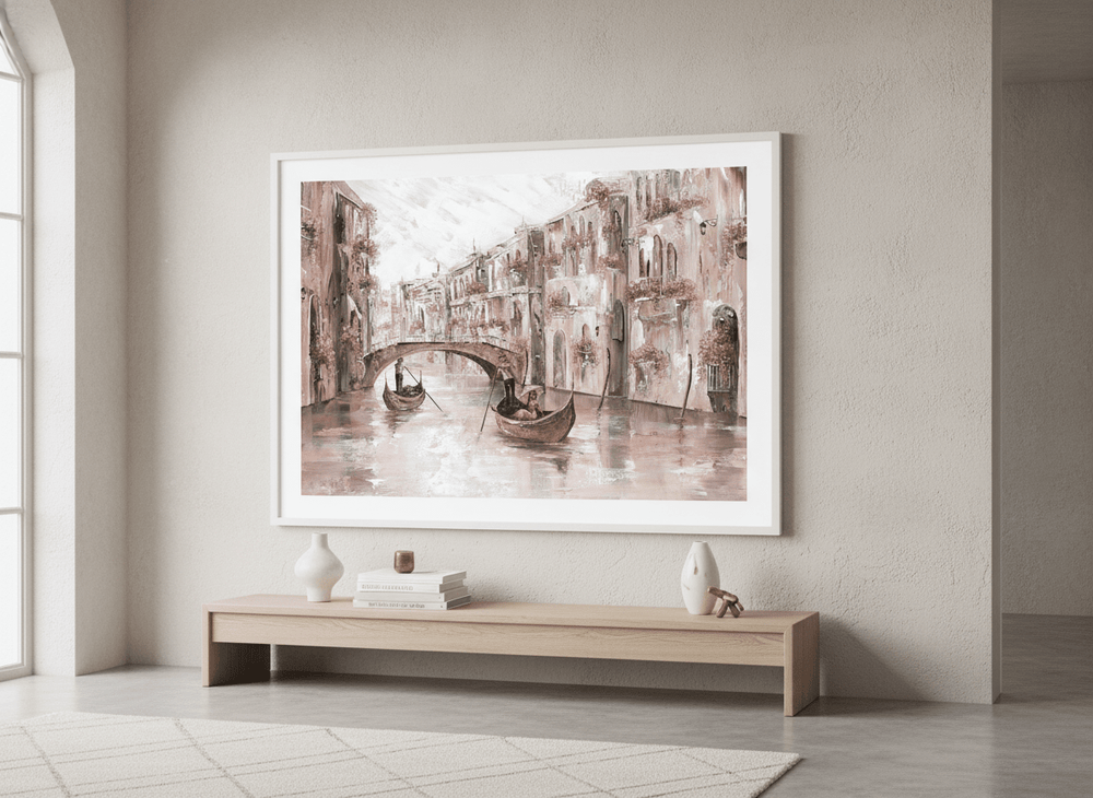 Monumental artwork centred on a feature wall in a luxe interior