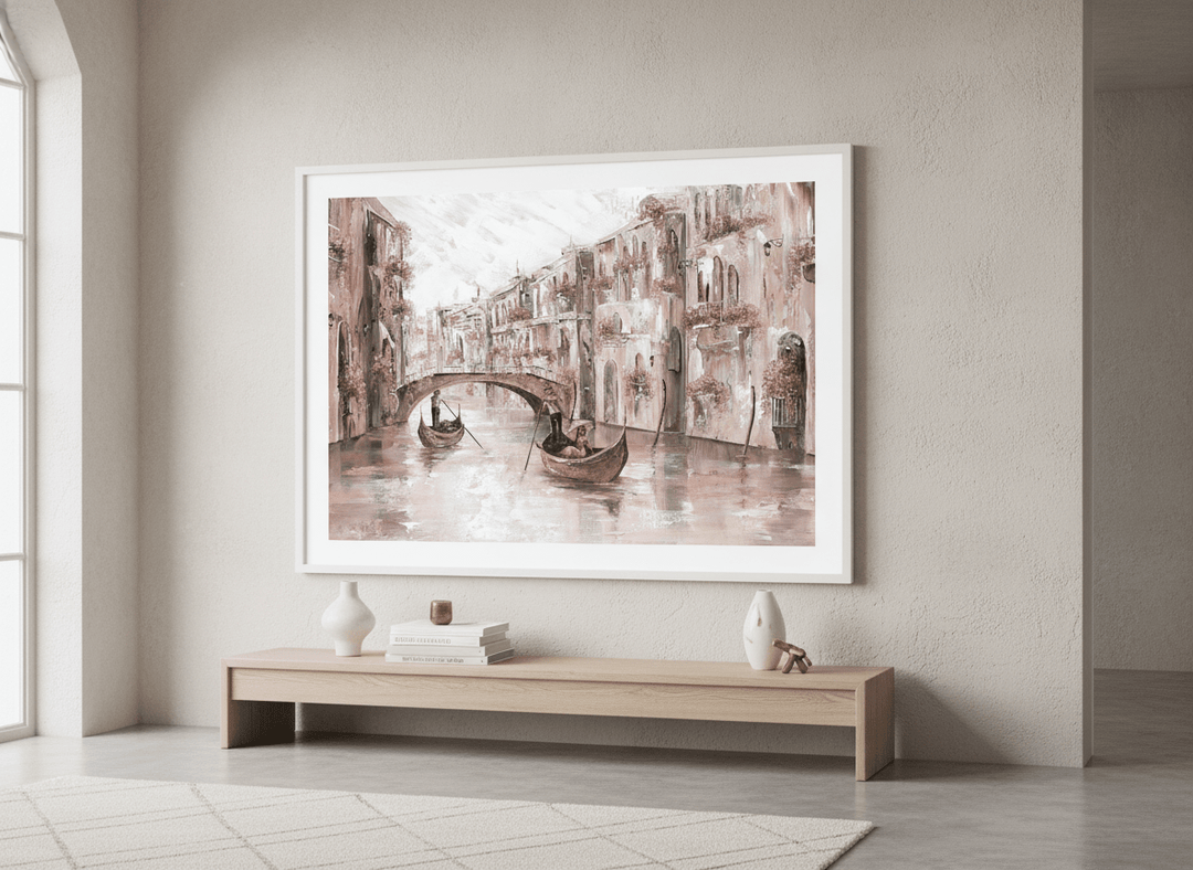 Monumental artwork centred on a feature wall in a luxe interior