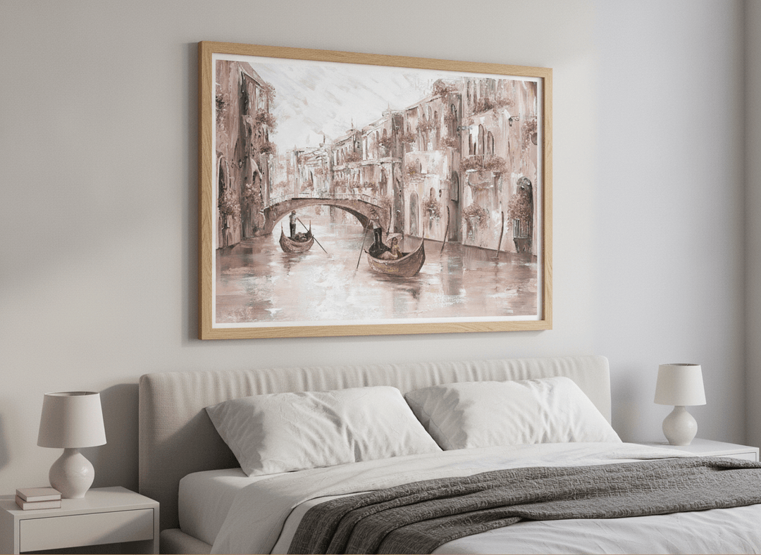 Minimalist artwork displayed in a calm, light-filled bedroom interior