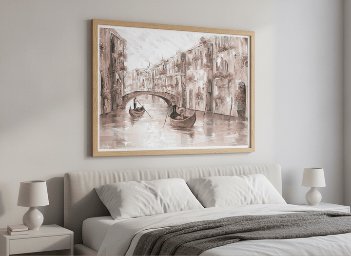 Minimalist artwork displayed in a calm, light-filled bedroom interior