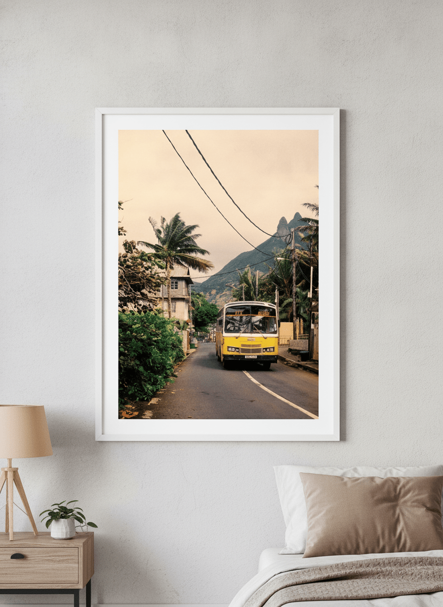 Minimalist artwork displayed in a calm, light-filled bedroom interior