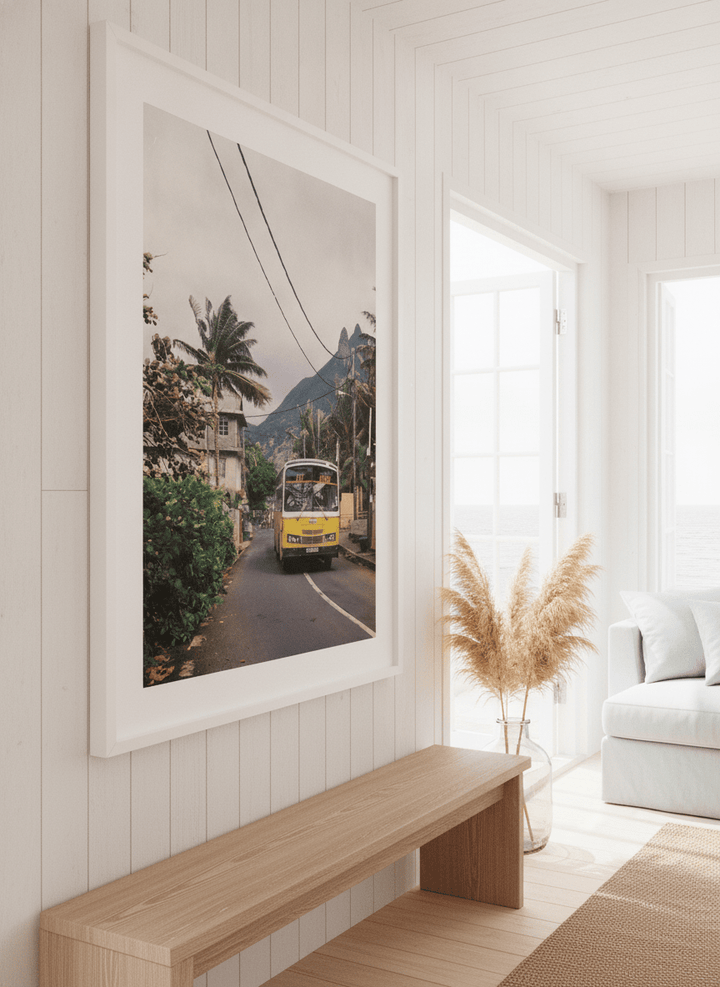 Neutral wall art displayed in a sunny coastal beach house