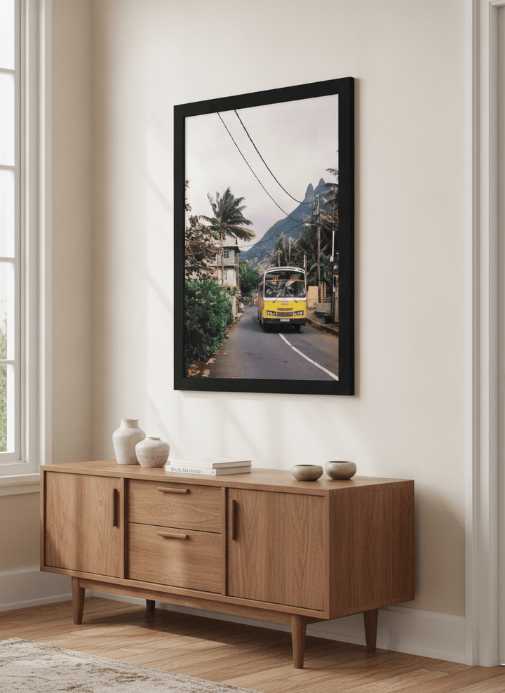 Artwork displayed above a credenza in a real-looking contemporary home