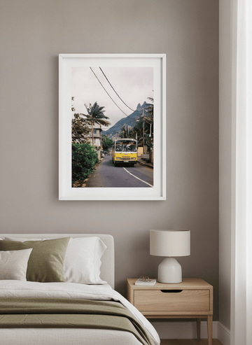 Minimalist artwork displayed in a calm, light-filled bedroom interior