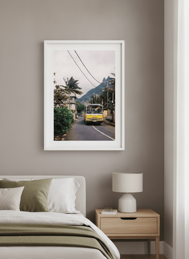 Minimalist artwork displayed in a calm, light-filled bedroom interior