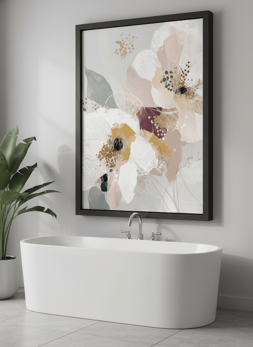 Modern print displayed in a clean minimalist bathroom setting