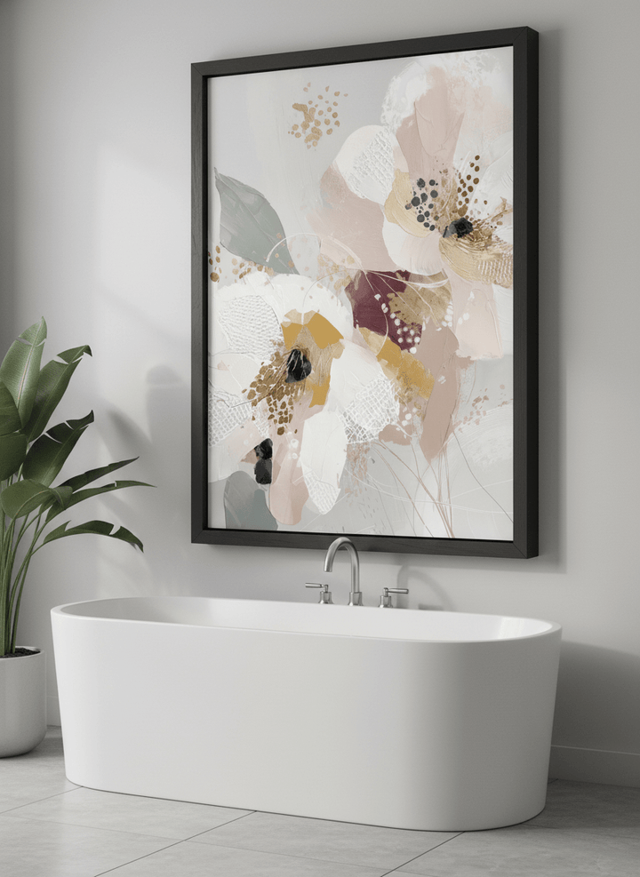 Modern print displayed in a clean minimalist bathroom setting
