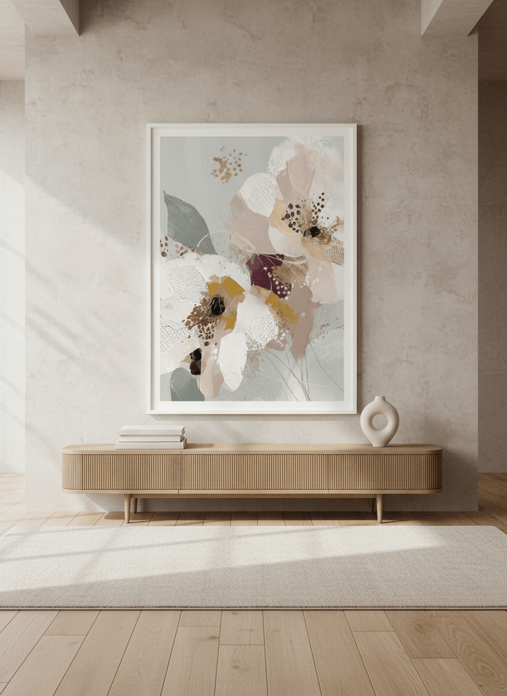 Monumental artwork centred on a feature wall in a luxe interior