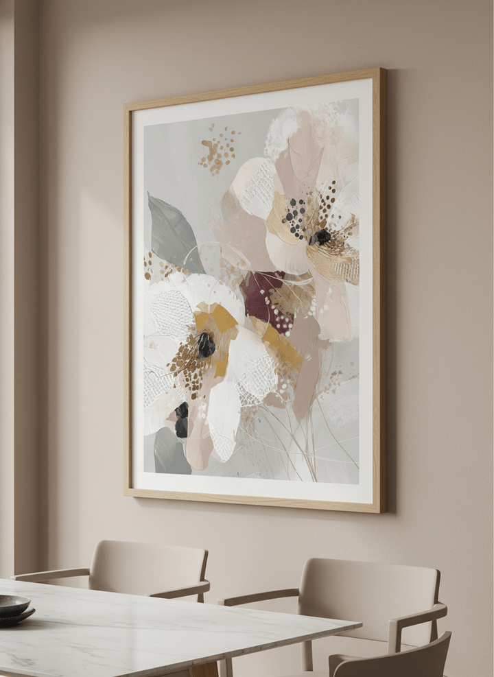 Wall art styled above a dining table in a contemporary home