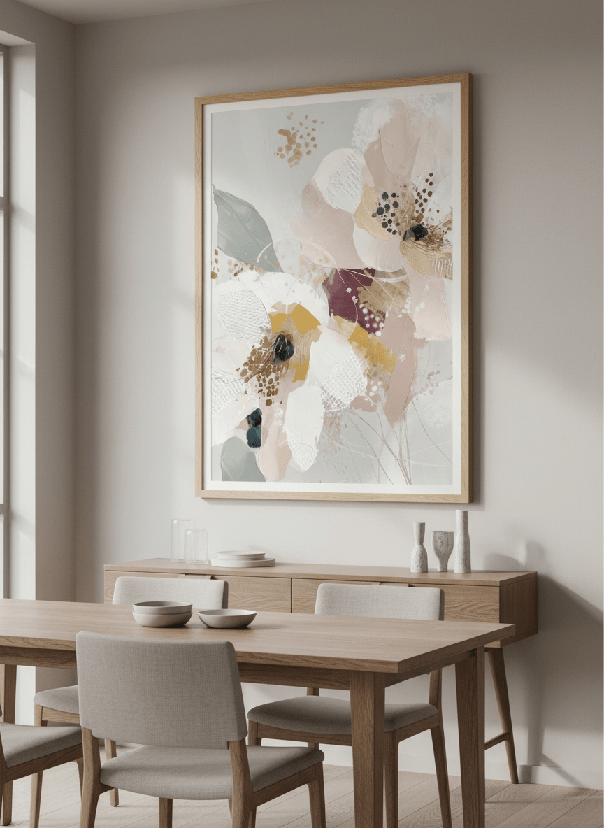 Wall art styled above a dining table in a contemporary home