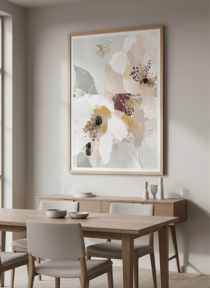 Wall art styled above a dining table in a contemporary home