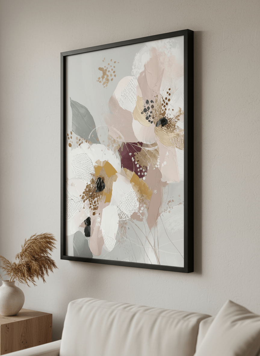 Modern wall art styled above a sofa in a neutral living room