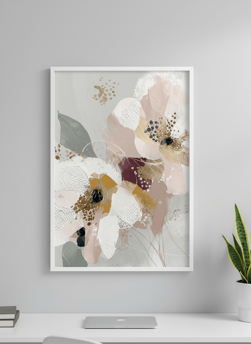 Contemporary wall art featured in a bright modern office workspace