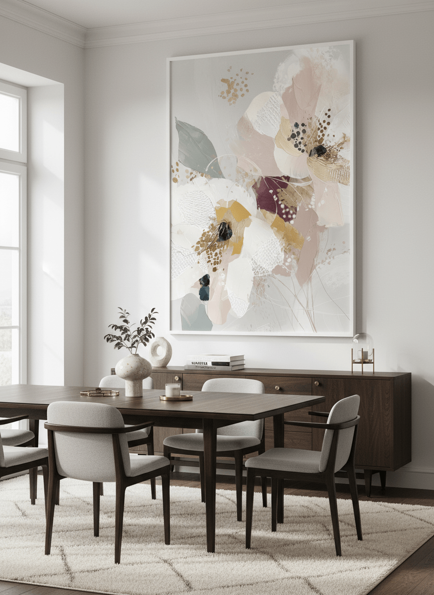 Monumental artwork centred on a feature wall in a luxe interior
