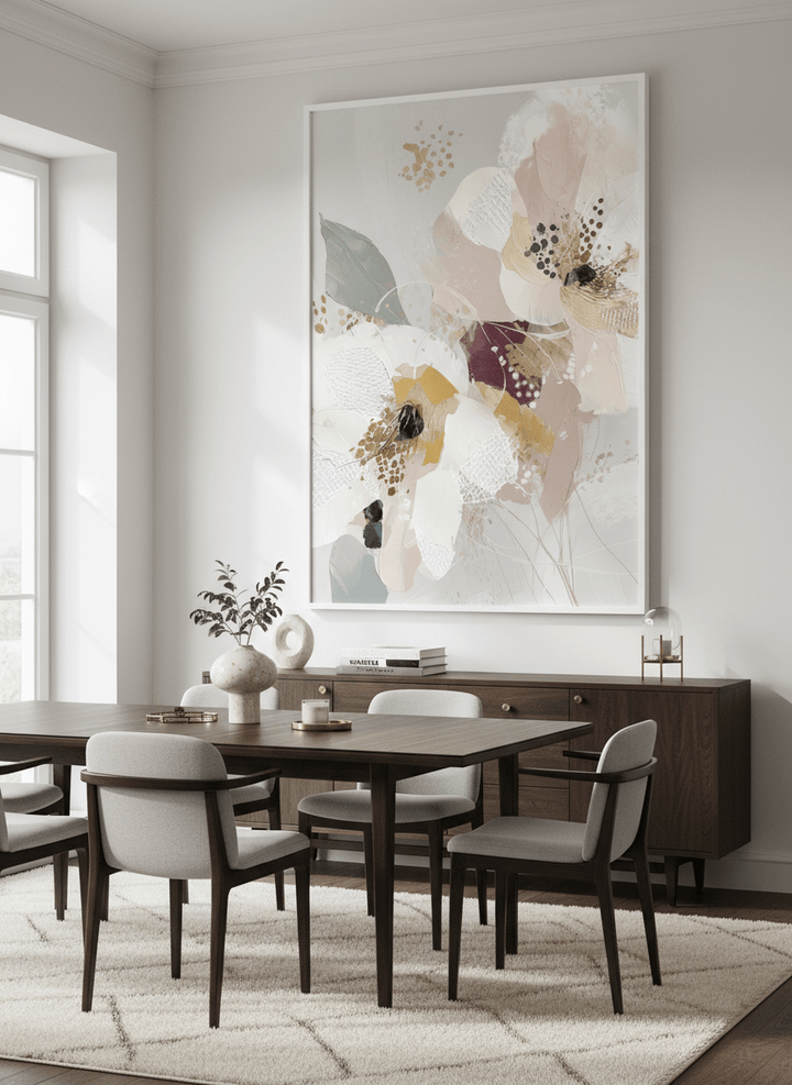 Monumental artwork centred on a feature wall in a luxe interior