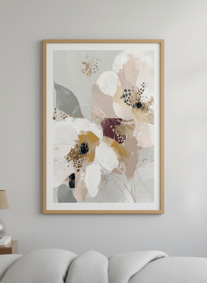 Minimalist artwork displayed in a calm, light-filled bedroom interior